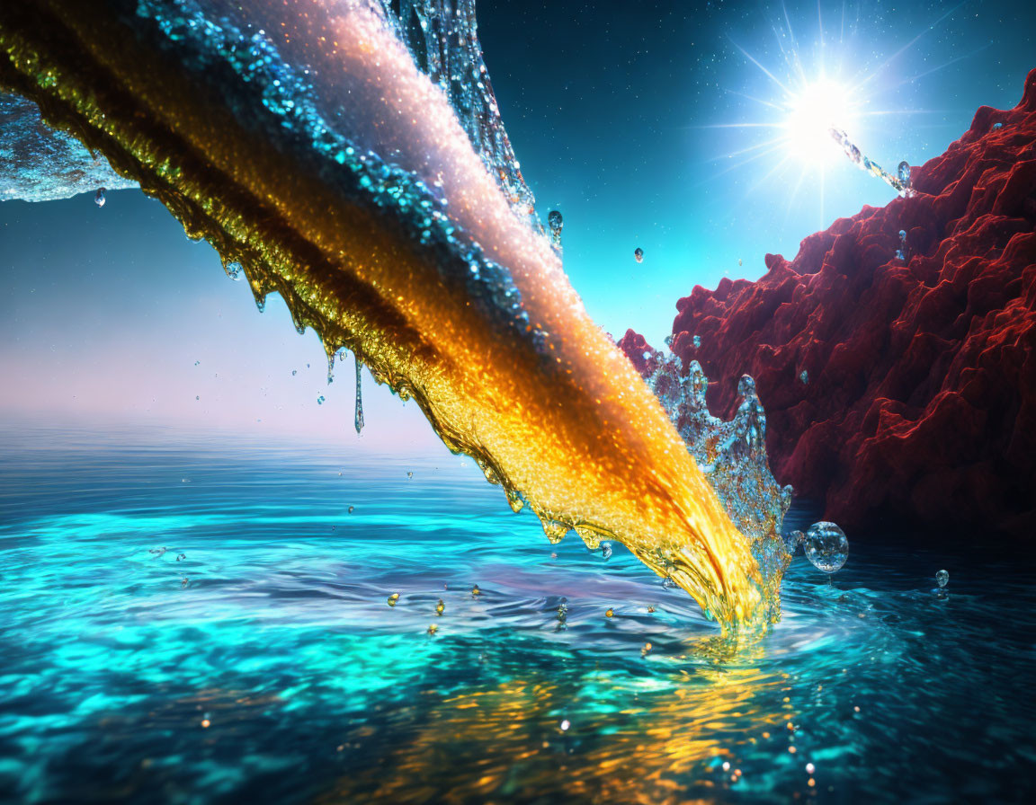 Sun Glare on Golden Liquid Flowing into Turquoise Sea with Red Rocky Landscape