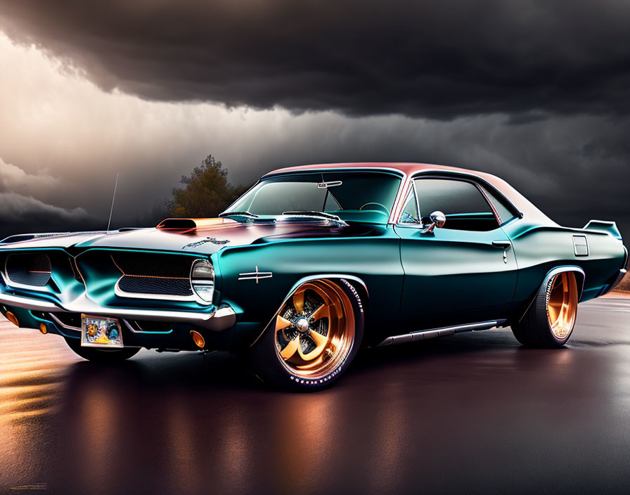 Vintage Muscle Car with Teal Finish and Chrome Accents under Stormy Sky