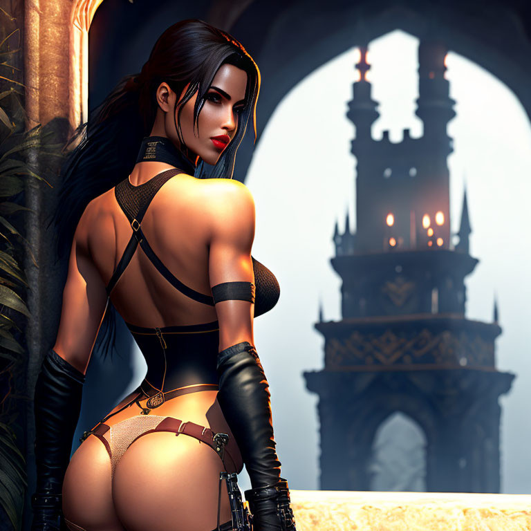 Dark-haired female character in black fantasy outfit with red lips, gazing in gothic setting