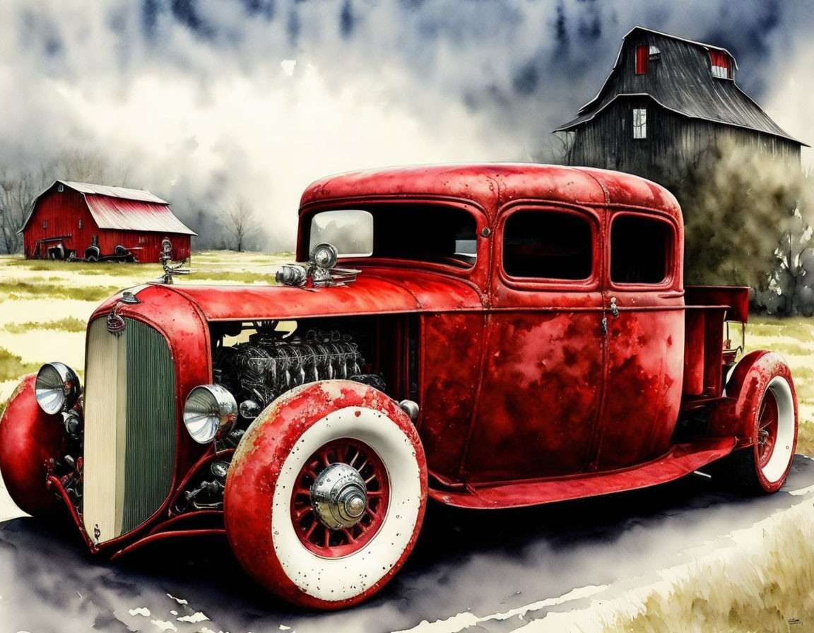 Vintage Red Hot Rod with Exposed Engine in Rural Setting