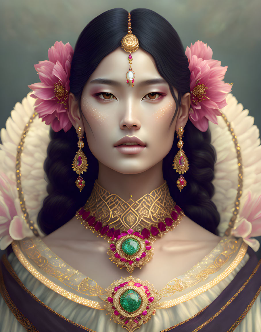 Digital portrait of a woman with ornate jewelry and floral hair accessories.