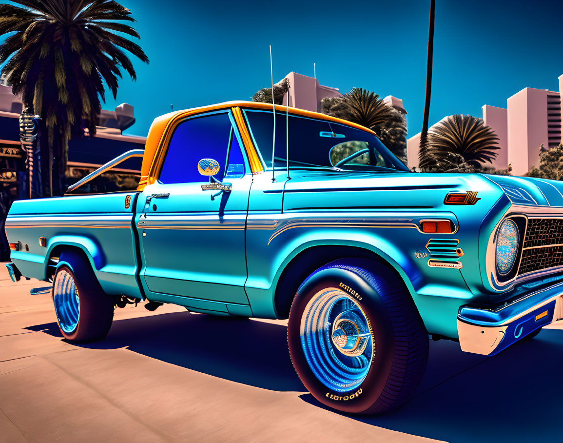 Turquoise classic pickup truck with white stripes and chrome details under clear blue sky.