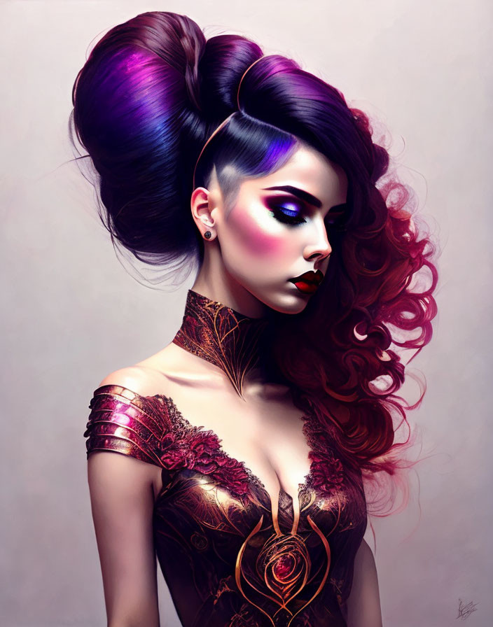 Woman with purple and pink hairstyle, dramatic makeup, and burgundy lace outfit with rose design