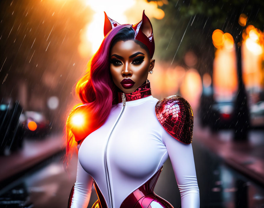 Stylized illustration of a woman with red hair and horns in futuristic outfit on city street.