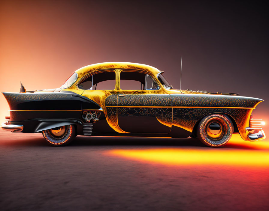 Classic Custom Car: Black & Gold Patterns, Chrome Details, White-Wall Tires