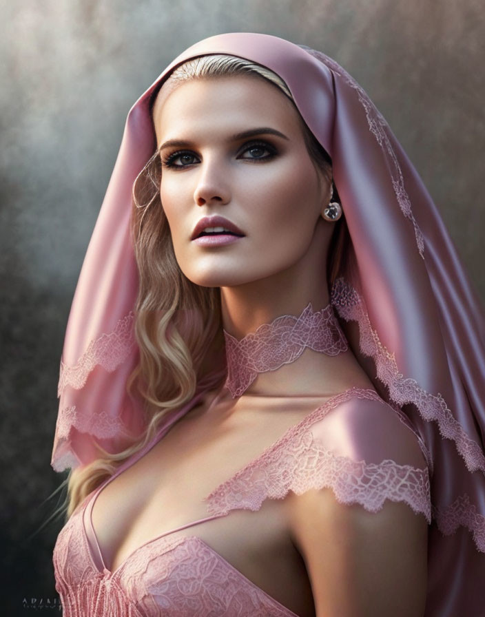 Striking woman in delicate pink veil with lace trimmings and subtle makeup.