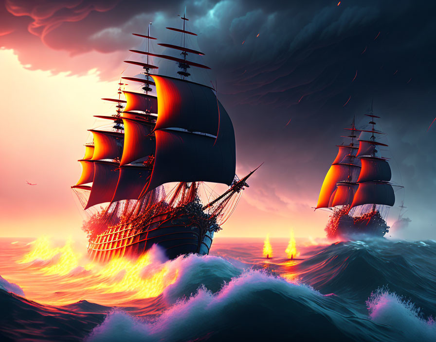 Tall ships with full sails in stormy sea under red and purple sky