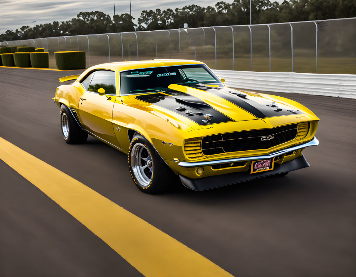 Yellow Chevrolet Camaro with black stripes and custom wheels on racetrack