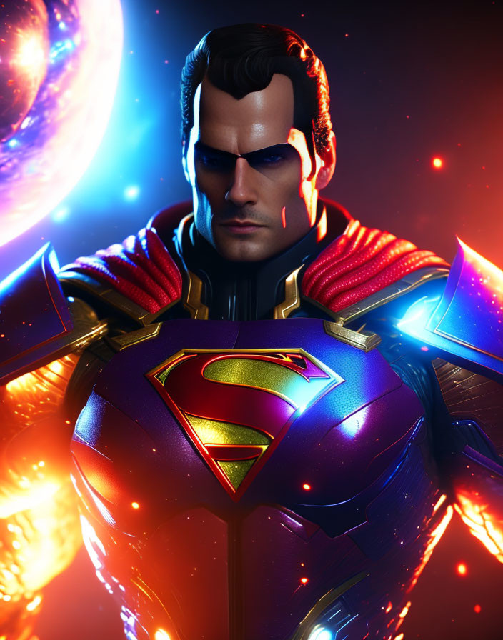 Superman in modern armored suit against cosmic backdrop