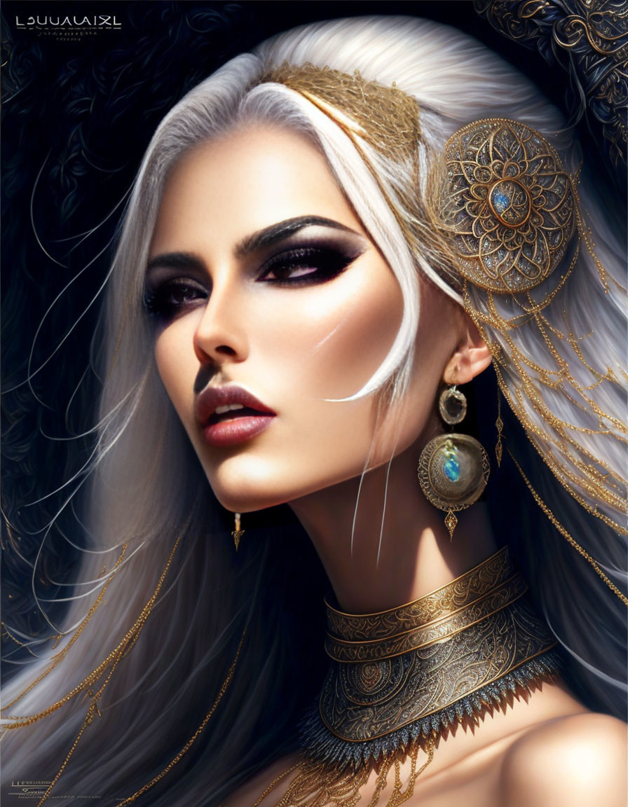 Digital Artwork: Woman with Striking Makeup & Elaborate Gold Jewelry