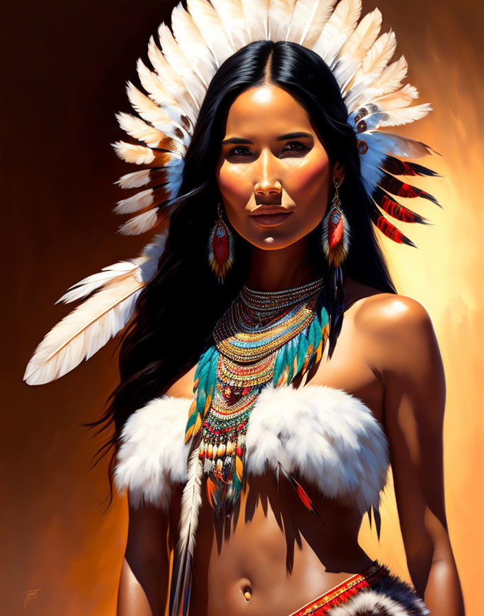 Portrait of woman in feather headdress and bead necklaces symbolizing strength and serenity