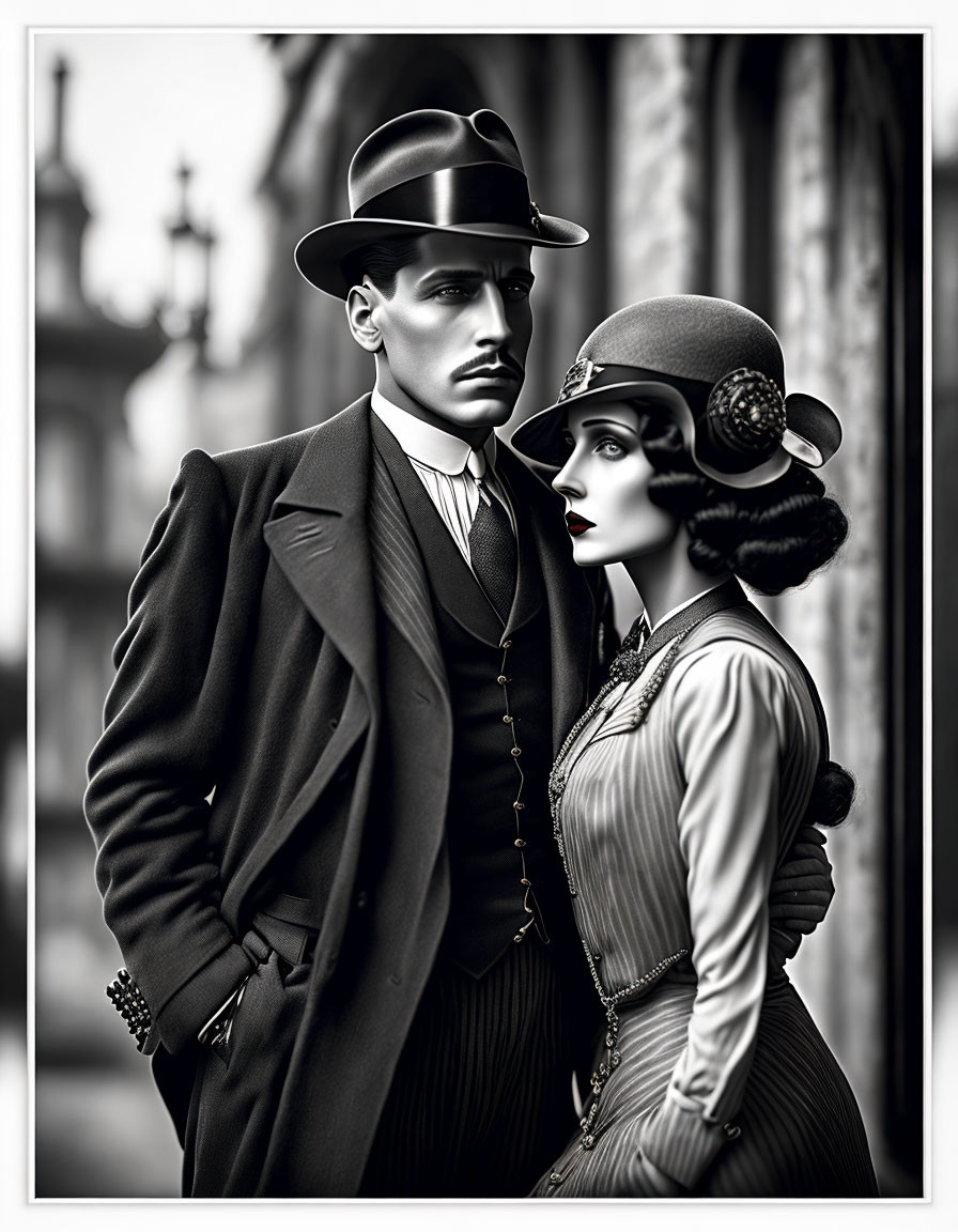 Vintage black and white photo of stylish man and woman in early 20th-century attire