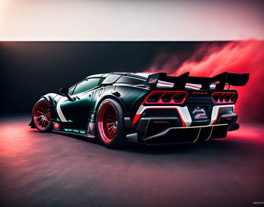 Black Sports Car with Red Accents and Rear Wing on Dramatic Gradient Background