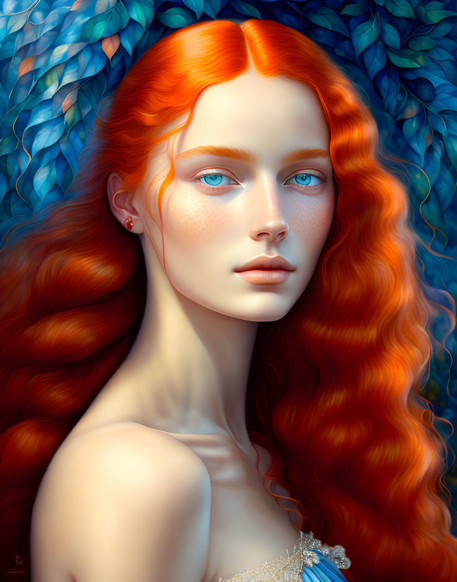 Digital portrait of woman with red hair, pale skin, blue eyes, and freckles against blue