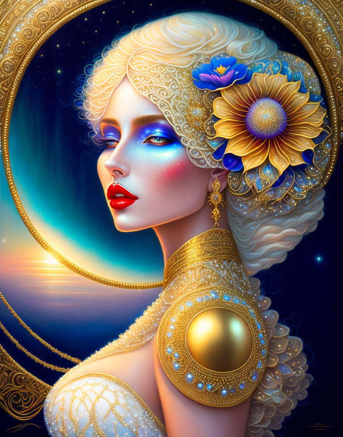 Surreal woman portrait with golden ornaments on cosmic background