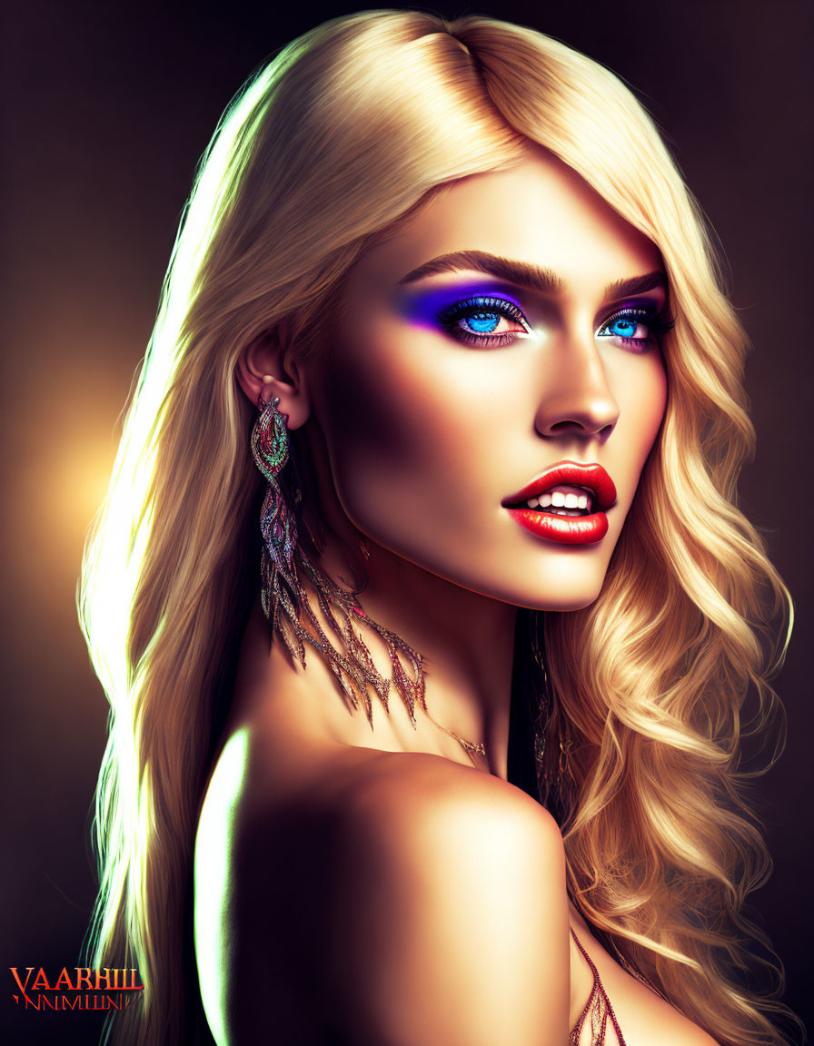 Portrait of woman with blue eyes, blonde hair, vivid makeup & intricate earrings