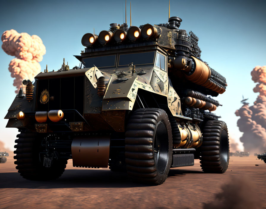 Futuristic armored vehicle with heavy weaponry in desert setting