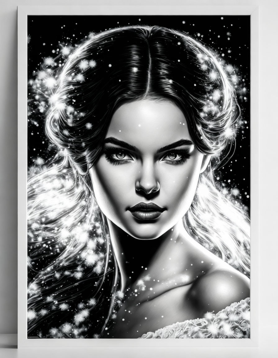 Monochromatic cosmic-themed woman with starry hair on ethereal background