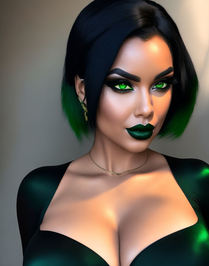 3D rendering of woman with black bobbed hair, green tips, eyes, and lipstick