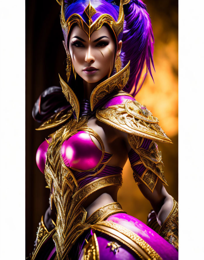 Purple-haired figure in golden armor with regal aura