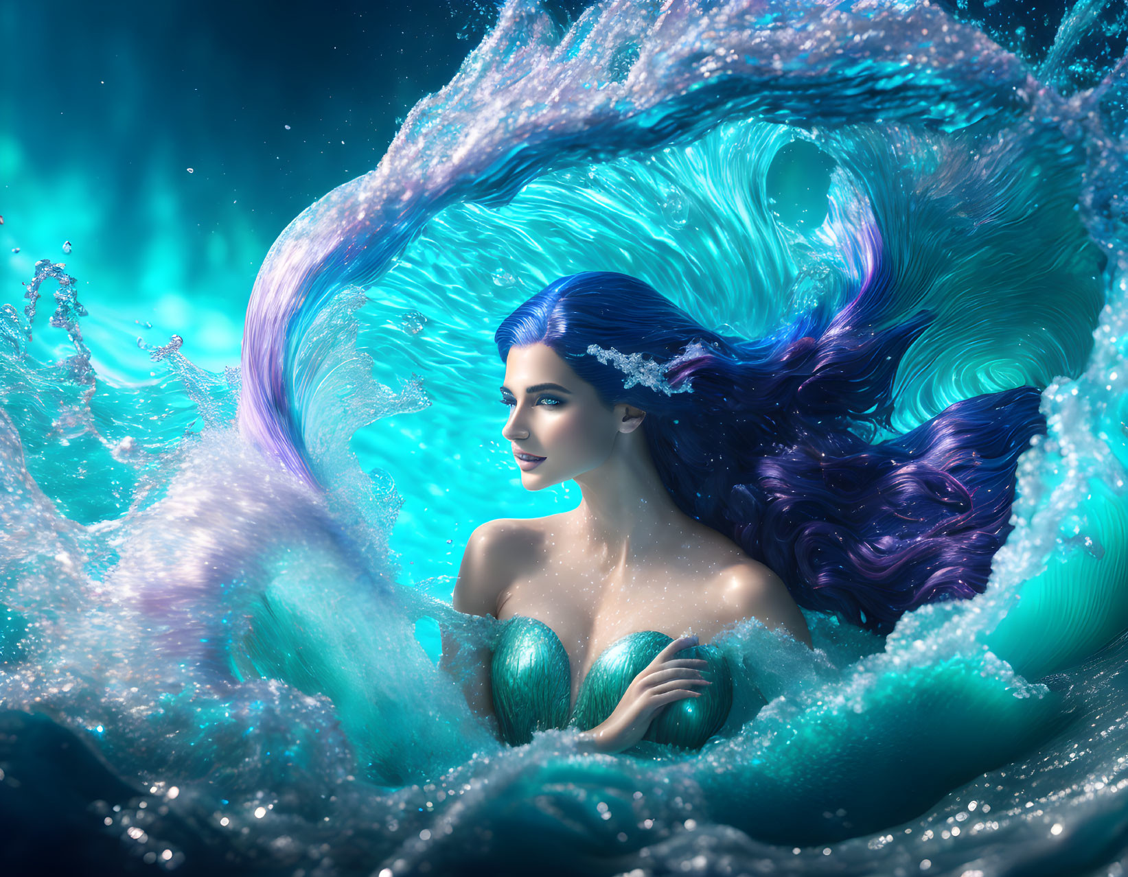 Mermaid with Blue Hair and Tail Emerging from Ocean Waters