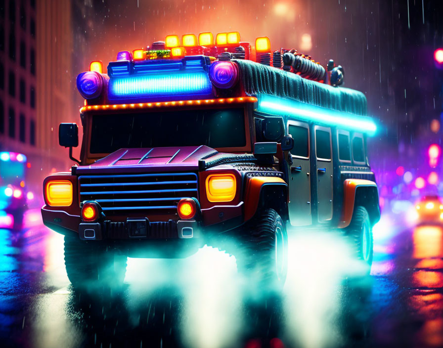 Colorful illuminated Hummer with blue emergency lights driving in rainy urban street at night