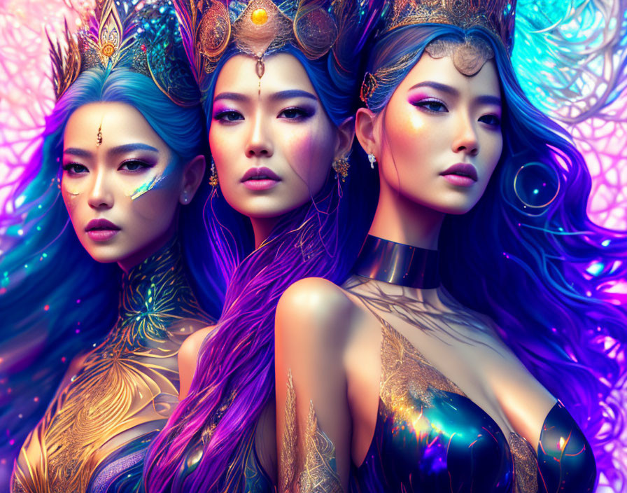 Vibrant fantasy makeup on three women in regal headdresses