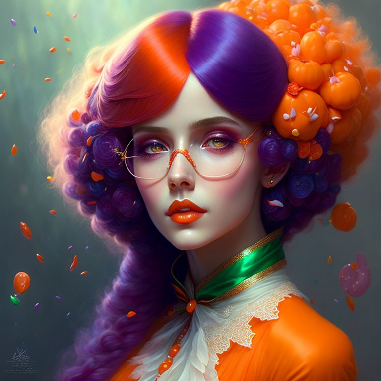 Vibrant portrait of a woman with purple and orange hair and Halloween-themed makeup