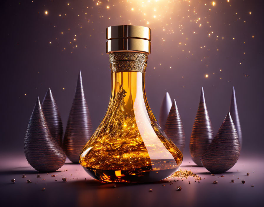 Luxurious Perfume Bottle with Golden Liquid on Purple Background