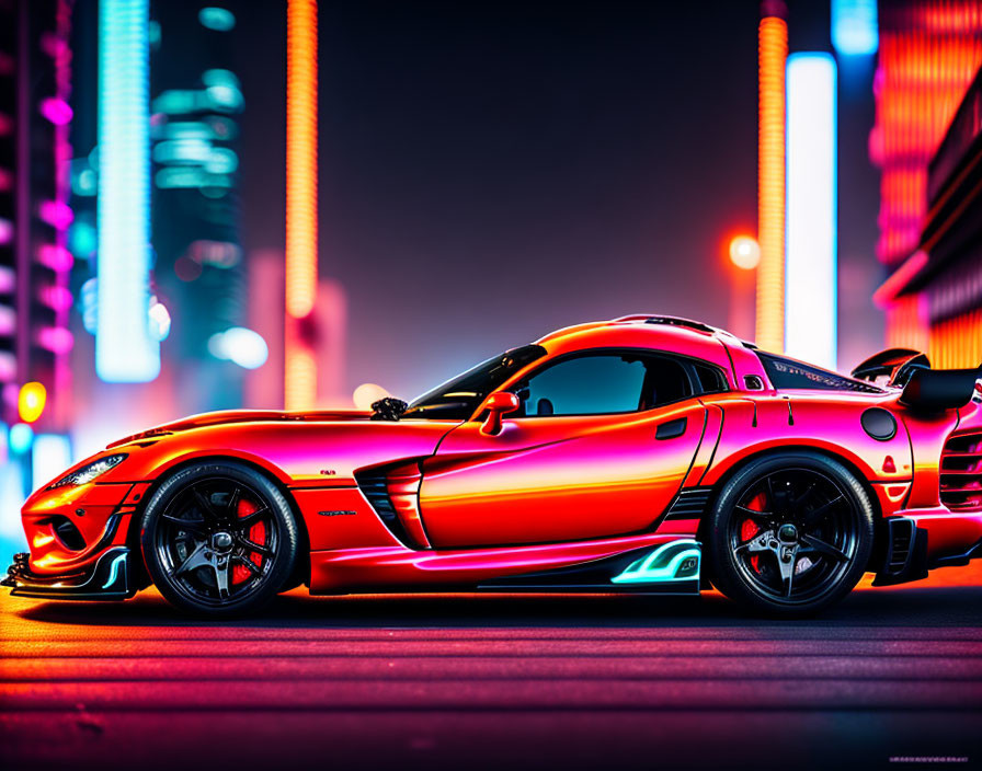 Sleek Red Sports Car with Black Detailing on Neon-Lit Night Street