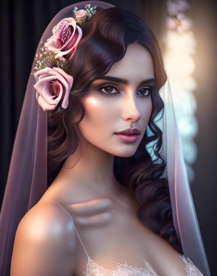 Portrait of woman with dark hair, bridal veil, and floral hair accessories