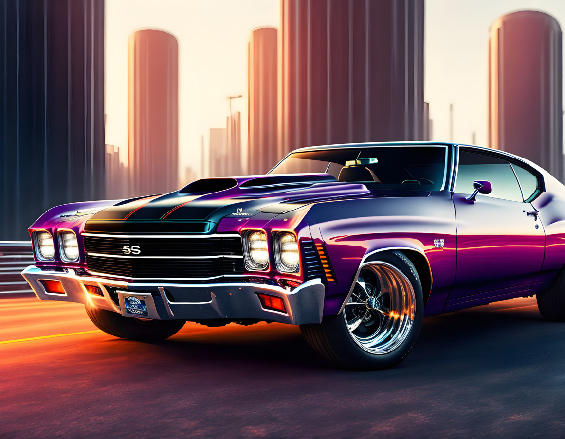 Purple and Black Muscle Car "SS" Against Sunset Skyscrapers