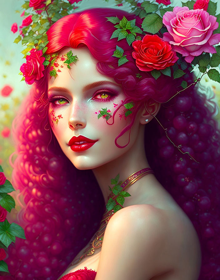 Fantasy style illustration of woman with pink hair and grape motifs