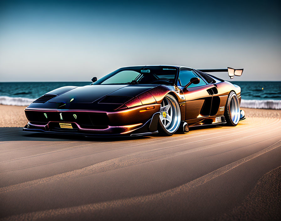 Black sports car with golden stripes on sandy beach at sunset