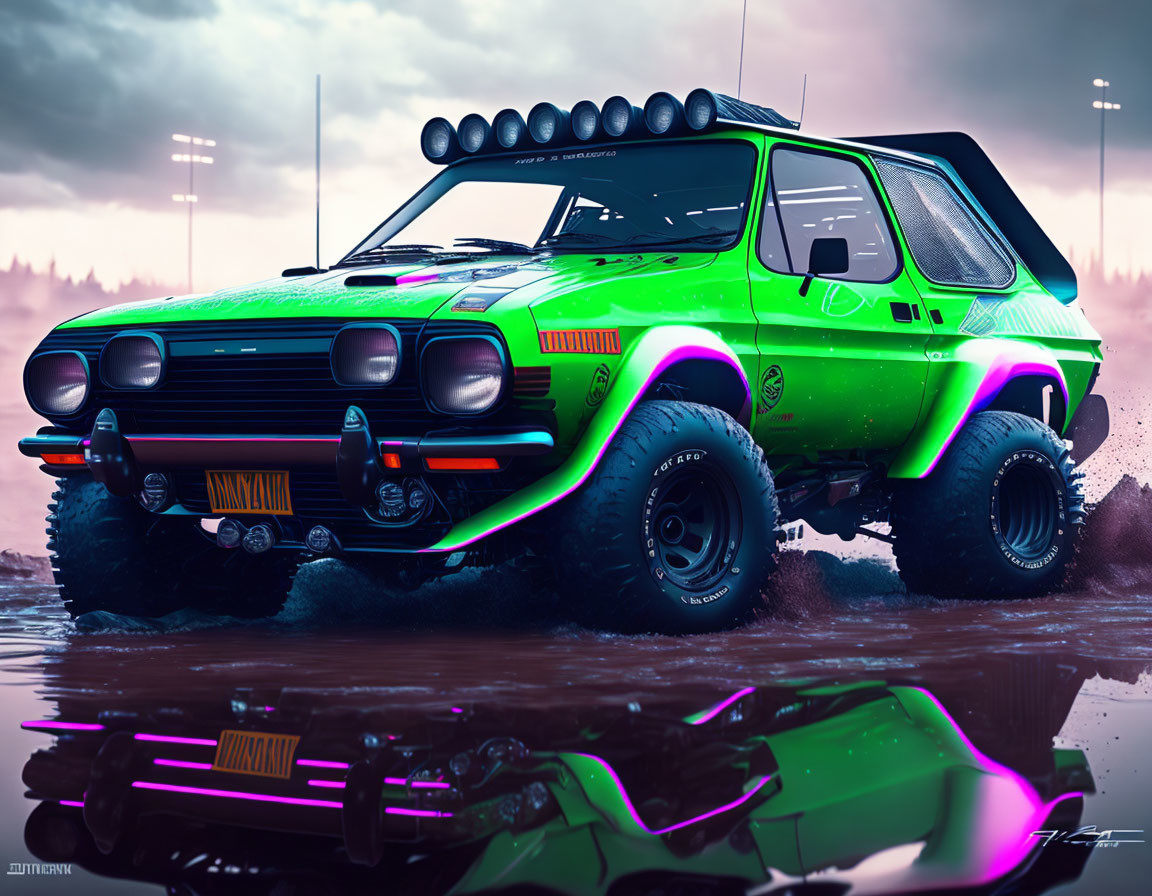 Custom retro car: green and purple paint, off-road tires, extra lights, reflecting on wet surface