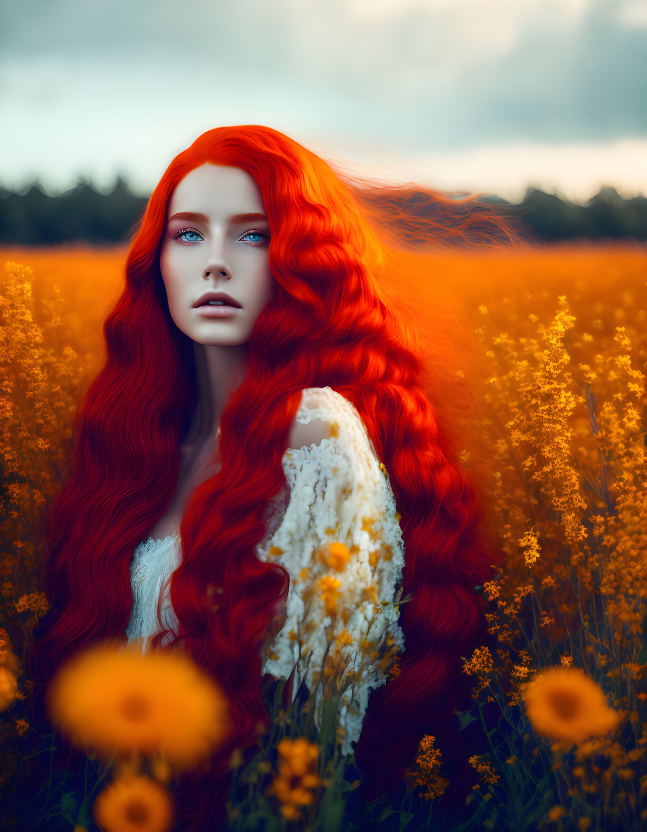 Red-haired woman in white dress among yellow flowers under cloudy sky