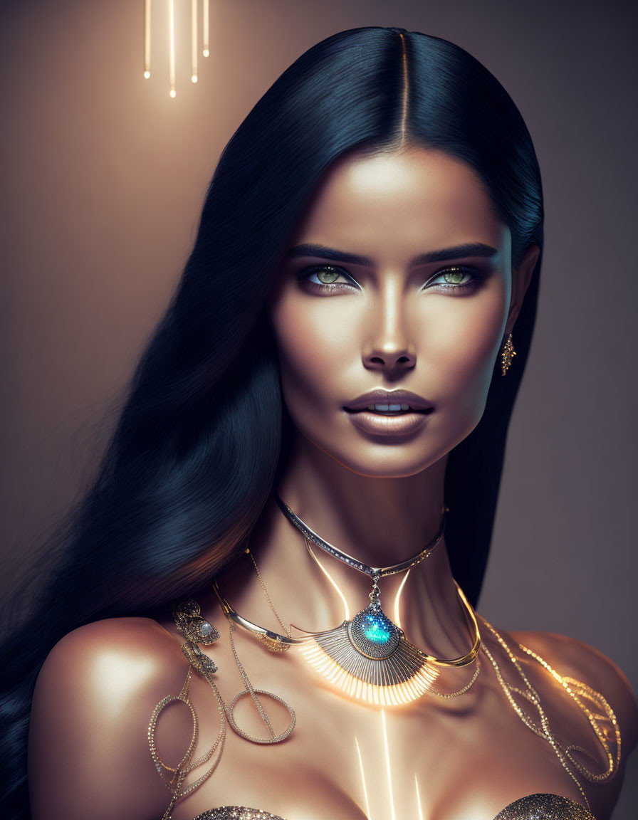 Digital Art Portrait: Woman with Black Hair, Green Eyes, Gold Jewelry