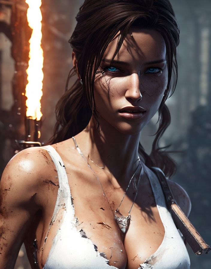 Detailed 3D rendering of female character with blue eyes, dirt, cuts, holding lit torch against