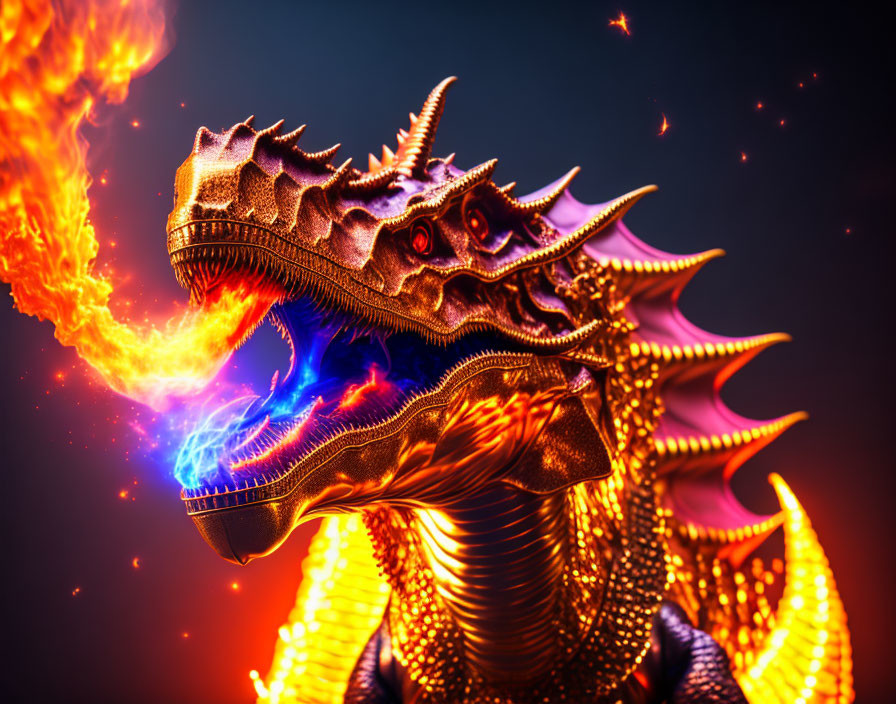 Colorful Dragon Breathing Blue and Orange Fire on Dark Background