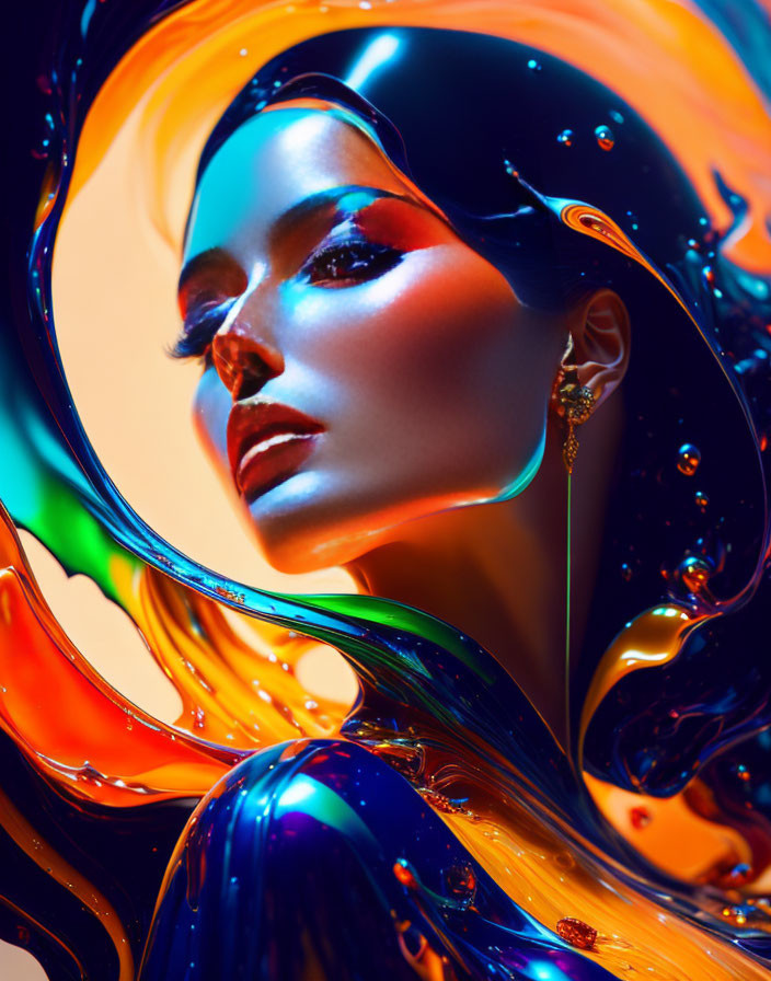 Colorful portrait of a woman with striking makeup and swirling saturated colors.