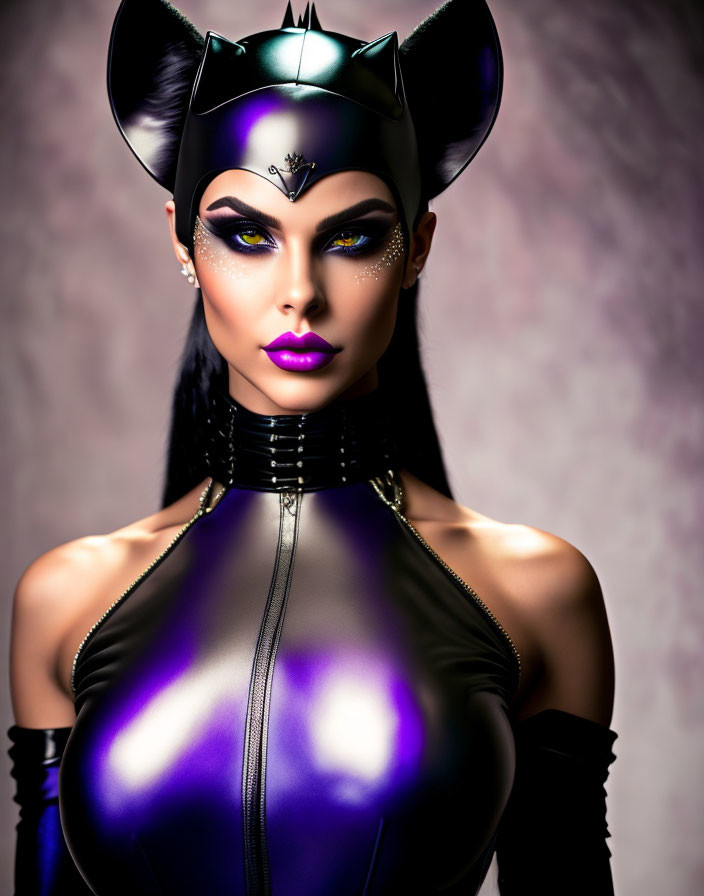 Woman in black and purple bodysuit with bat-like ears and dramatic makeup against textured background