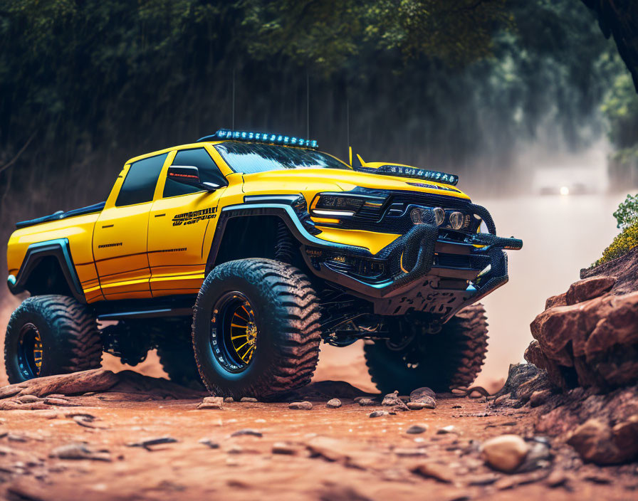 Yellow Off-Road Truck Model with LED Lights and Winch in Misty Rocky Scene