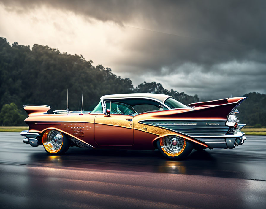 Vintage two-tone orange and white car with fins and chrome detailing on wet road under overcast sky