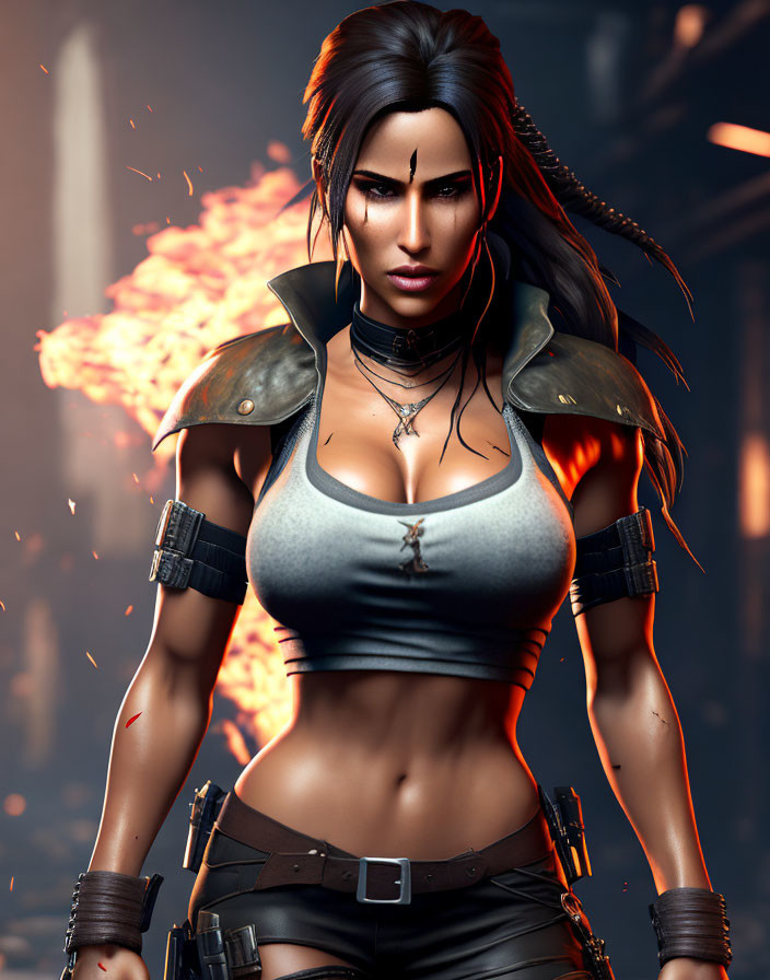 3D-rendered female warrior in armor shoulder pads and grey tank top amid fiery background