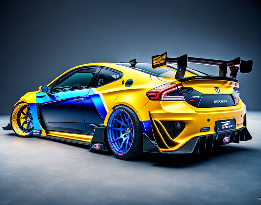 Yellow and Blue Sports Car with Large Rear Wing and Body Kit on Grey Background