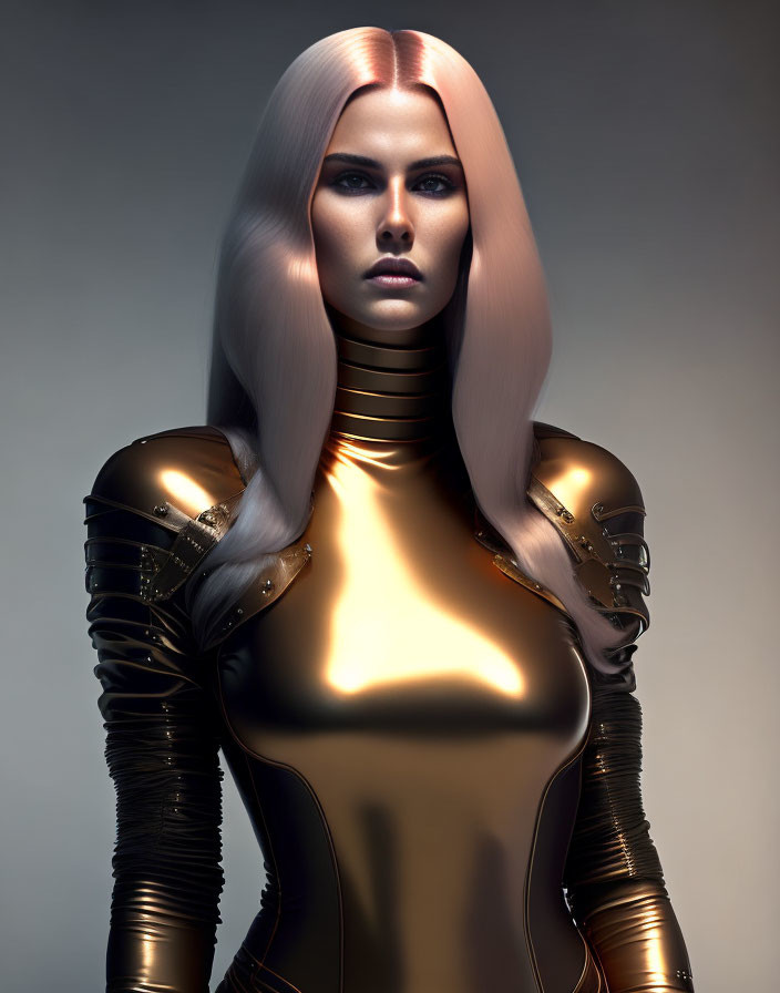 Futuristic female figure in metallic armor with golden accents