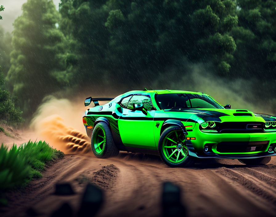 Vibrant green sports car drifting on dusty trail with lush greenery in background