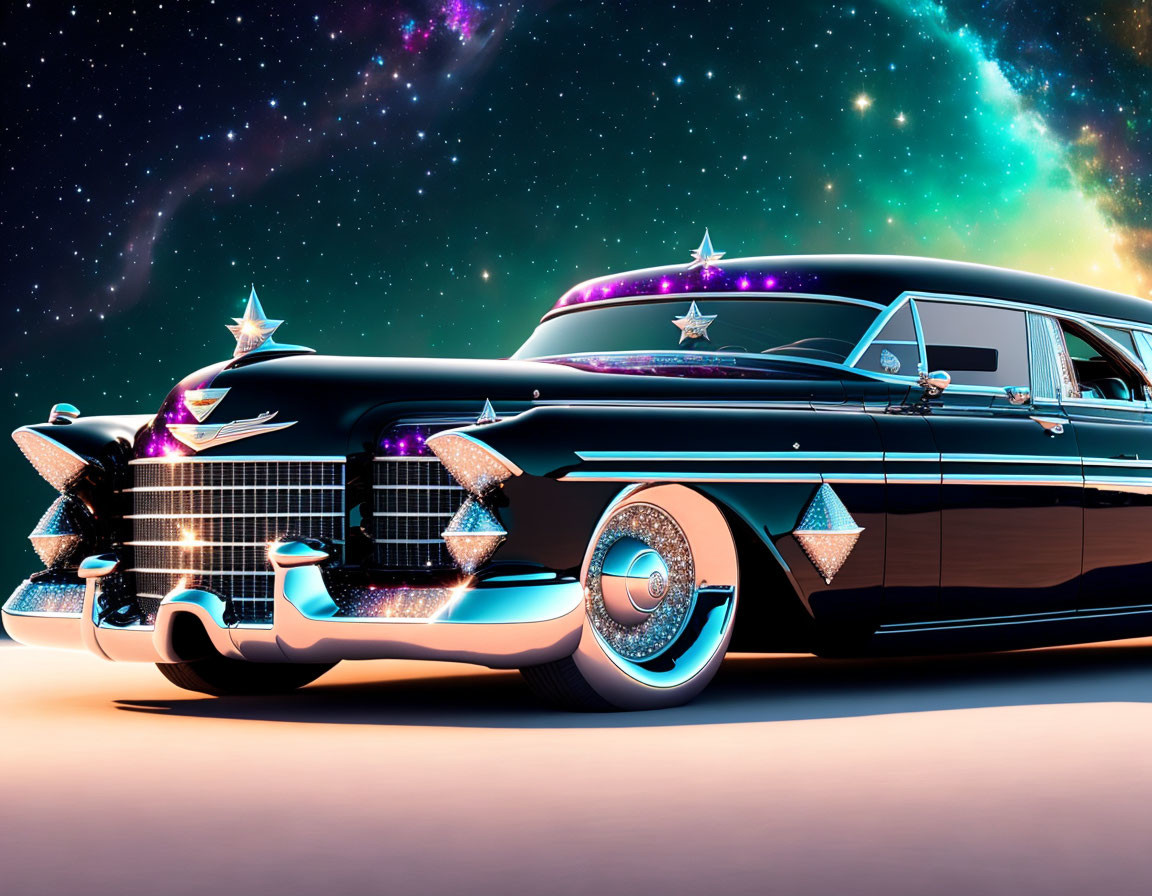 Digitally enhanced classic car with exaggerated features against cosmic starry backdrop