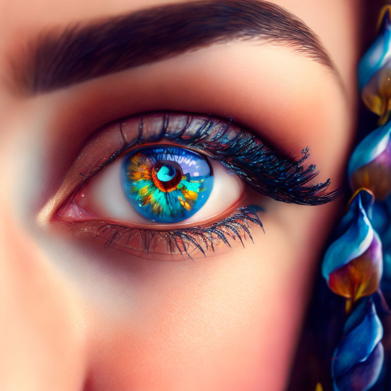Detailed blue and yellow eye makeup with multicolored fabric.
