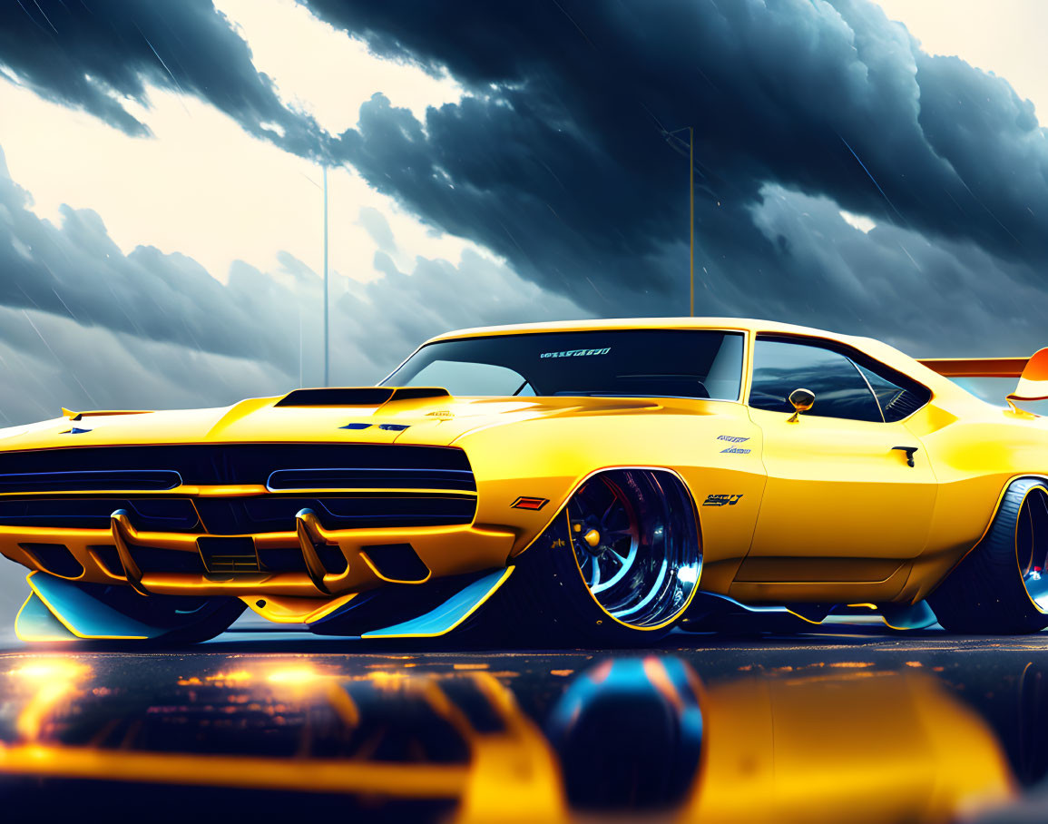 Yellow Classic Muscle Car with Custom Rims Under Stormy Sky